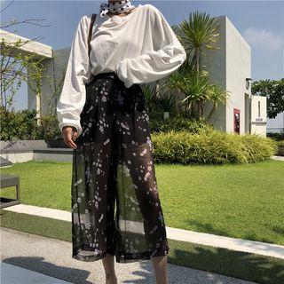 Plain Long-sleeve T-shirt / Floral Chiffon Wide Leg Pants