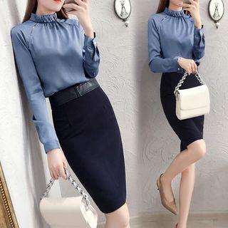 Mock-neck Blouse / High Waist Pencil Skirt / Set