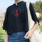 Elbow-sleeve Heart Embroidery Top