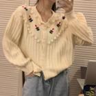 Flower Embroidered Pom Pom Accent Cardigan