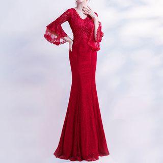 V-neck Bell-sleeve Evening Dress