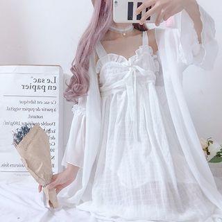 Plain Loose-fit Light Jacket/ribbon Lace-up Midi Dress