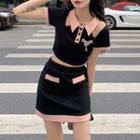 Short-sleeve Cold-shoulder Knit Crop Polo Shirt / Mini Pencil Skirt