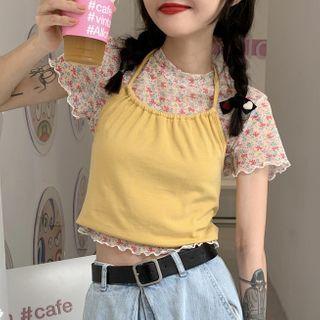 Floral Print Short-sleeve Cropped Top / Halter Camisole Top