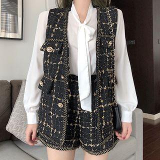 Tie-neck Blouse / Plaid Vest / High-waist Shorts / Set