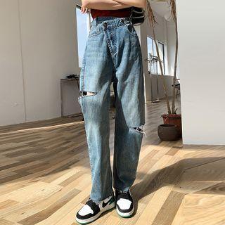 High-waist Irregular Ripped Frayed Denim Wide-leg Pants