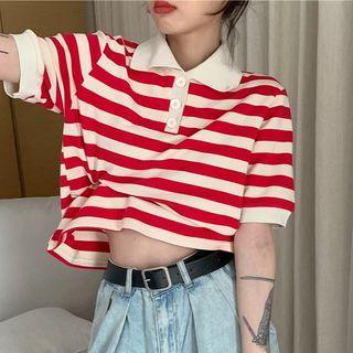 Short-sleeve Cutout-back Striped Polo Shirt