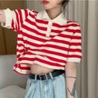 Short-sleeve Cutout-back Striped Polo Shirt