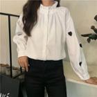 Long-sleeve Embroidered Heart Buttoned Top