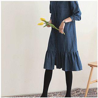 Lace-collar Ruffle-hem Denim Shirtdress