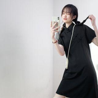 Mock-neck Plain Button-up A-line Dress Black - One Size