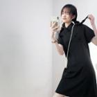 Mock-neck Plain Button-up A-line Dress Black - One Size