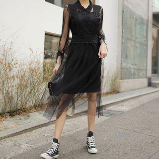 Set: Lace-detail Long Tulle Dress + Slipdress