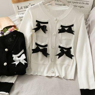 Ribbon-accent Button-up Knit Top