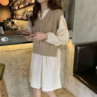 Cable-knit Vest / Plain Long-sleeve Shift Dress