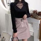 Long-sleeve Mesh Panel T-shirt / Faux Leather Mini A-line Skirt