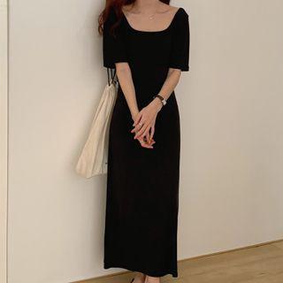 Short-sleeve Plain Maxi Dress Black - One Size