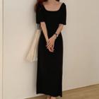 Short-sleeve Plain Maxi Dress Black - One Size