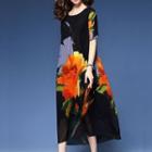 Elbow-sleeve Printed Midi A-line Dress