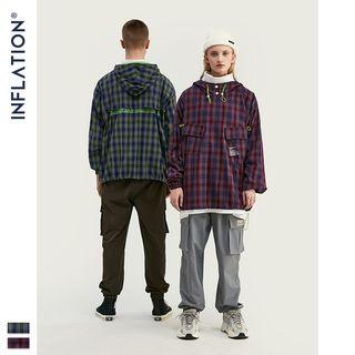Couple Loose-fit Drawstring Plaid Hoodie
