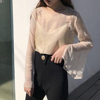 Set: Camisole Top + See-through Bell-sleeve Mesh Top