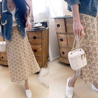 Floral Flared Midi Skirt Yellow - One Size