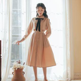 Long-sleeve Midi Bow Accent A-line Dress