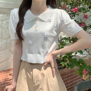 Short-sleeve Floral Polo Knit Top