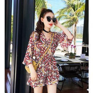 3/4-sleeve Patterned Chiffon Playsuit