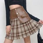 Paneled Plaid High-waist Pleated Mini Skirt