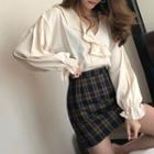 Ruffle V-neck Blouse / Plaid A-line Mini Skirt