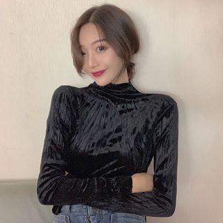 Mock-turtleneck Long-sleeve Velvet Shirred Top