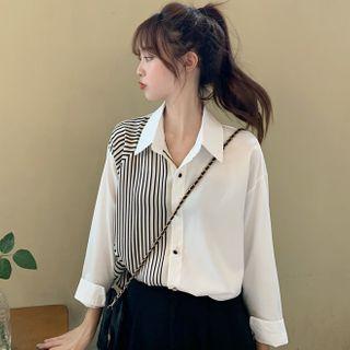 Long-sleeve Irregular Striped Panel Shirt