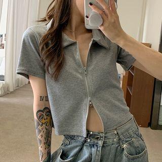 Short-sleeve Collared Zip-up Top