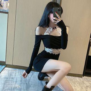 Long-sleeve Halter Lace Panel Mini Sheath Dress