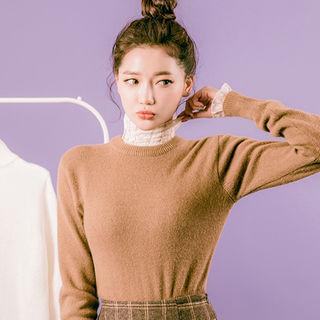 Mock-neck Slit-cuff Lace Top
