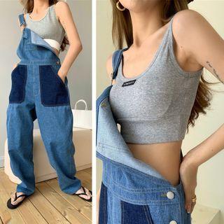 Lettering Padded Cropped Tank Top / Two-tone Denim Jumper Pants
