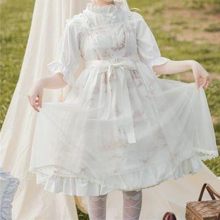 Frilled Trim Elbow-sleeve Blouse / Printed Spaghetti Strap A-line Dress / Set