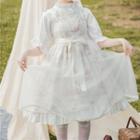 Frilled Trim Elbow-sleeve Blouse / Printed Spaghetti Strap A-line Dress / Set