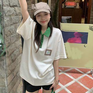 Short-sleeve Contrast Collar Polo Shirt White - One Size