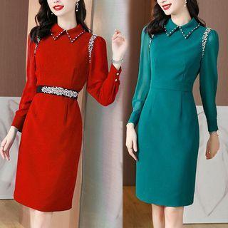 Puff-sleeve Lace Trim Collared Sheath Dress