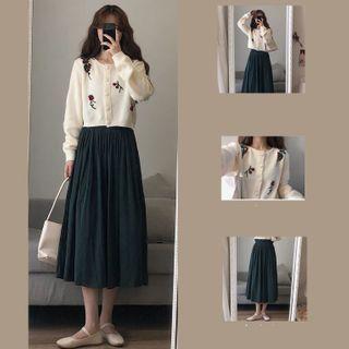 Flower Embroidered Cardigan / Midi A-line Skirt / Set
