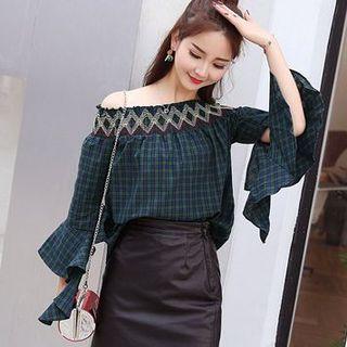 Asymmetric Sleeve Off Shoulder Plaid Top