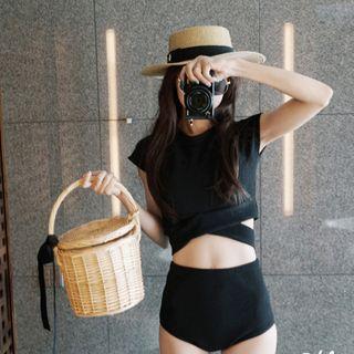 Set: Cap-sleeve Wrap Swim Top + Swim Bottom