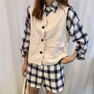 Set: Plaid Shirt Dress + Buttoned Vest