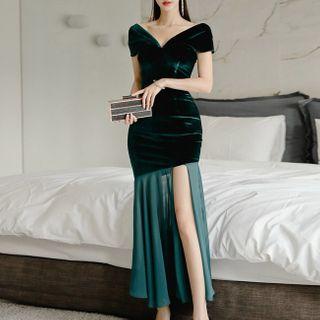 Side-slit Short-sleeve Maxi Sheath Dress