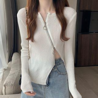 Asymmetrical Zip Detail Ribbed Knit Top