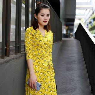 3/4-sleeve Printed Slit Midi A-line Dress