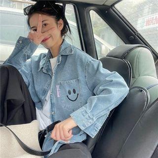 Smiley Print Washed Denim Shirt Blue - One Size
