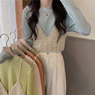 Set: Long-sleeve Plain T-shirt + Crochet Lace Camisole Top